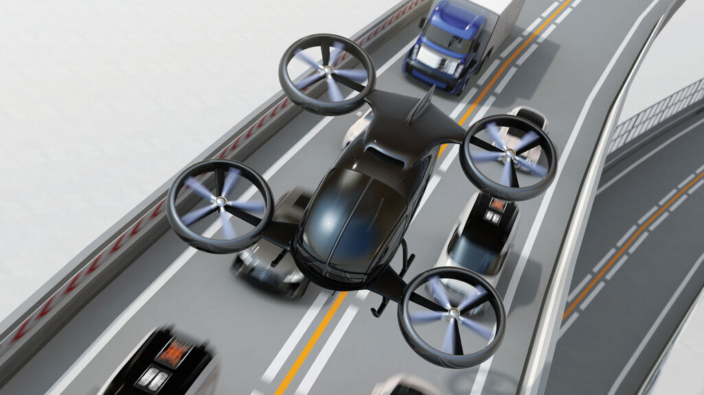 autonomous vehicle flying above highway