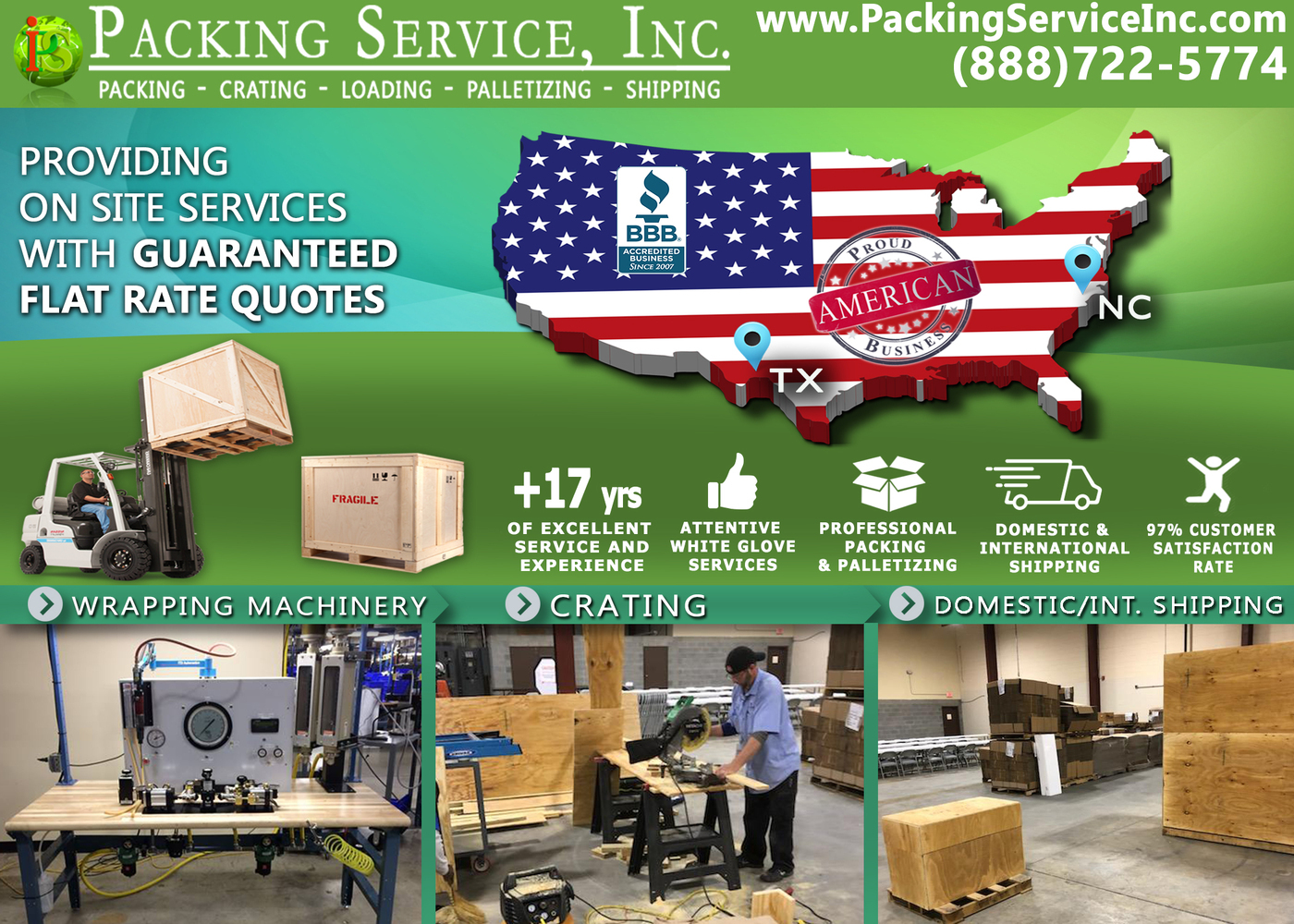 Packing Service Inc. is a professional packing and shipping services company offering full-scale packing, loading, crating, palletizing, and shipping services to almost all the cities and states in the USA