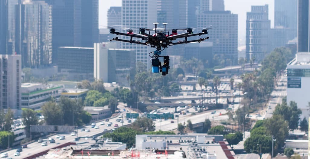 Drone flying over construction site in downtown Los Angeles.