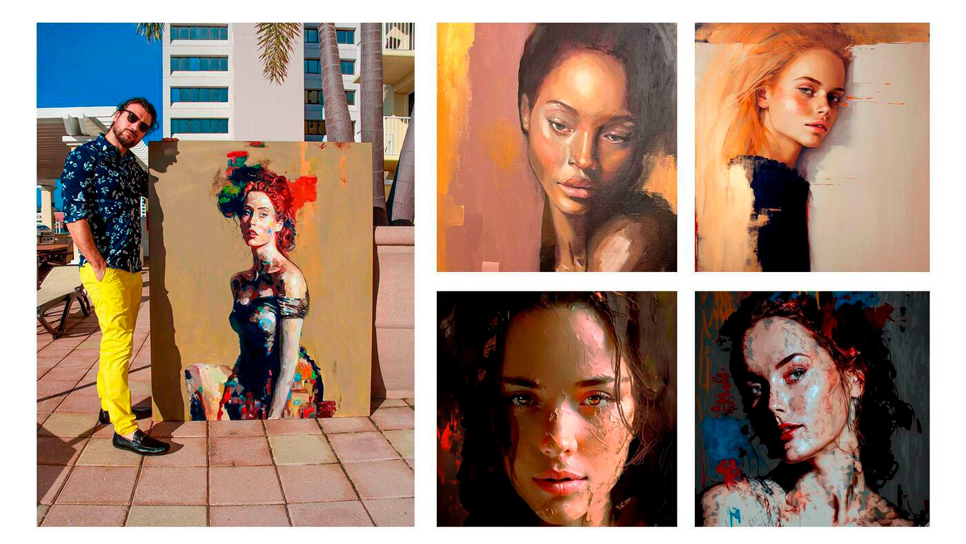 A collage of recent portrait paintings form Alex Righetto