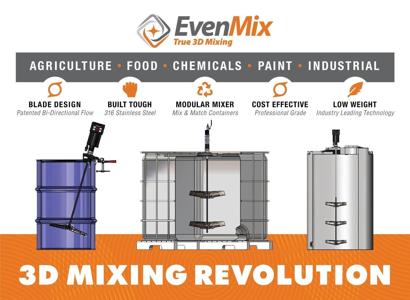 EvenMix - industrial mixers, tote mixers, barrel mixers, drum mixers, and IBC tote mixers.
