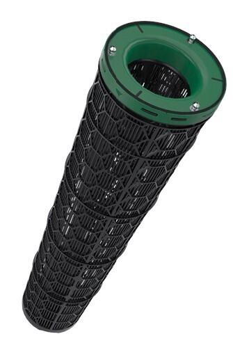 A long cylinder that is black and textured with a green top. This is an example of an activated carbon filter with media inside it.  
