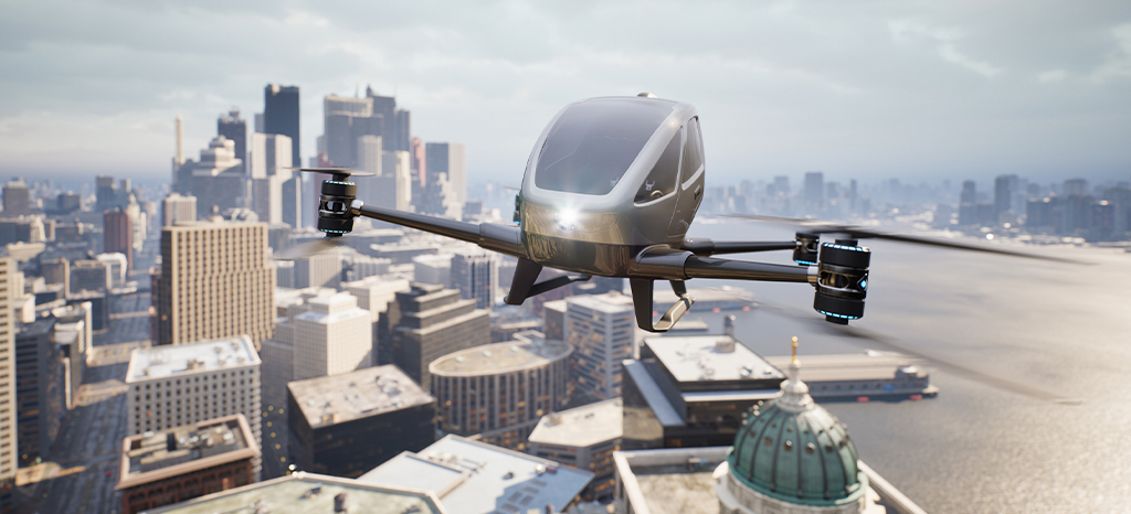 Autonomous driverless aerial vehicle fly across city