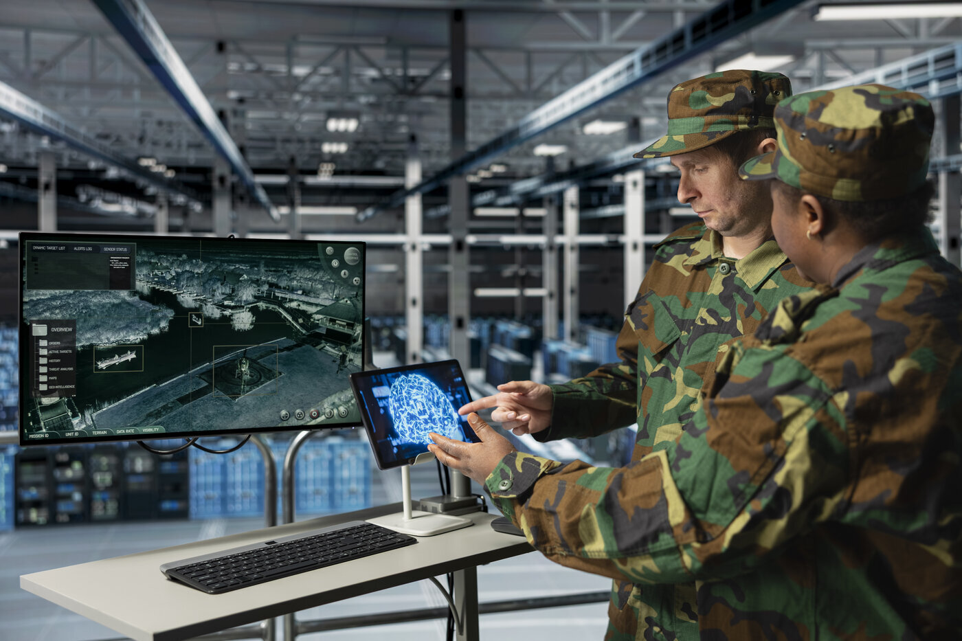 military experts in data center reviewing drone surveillance feed