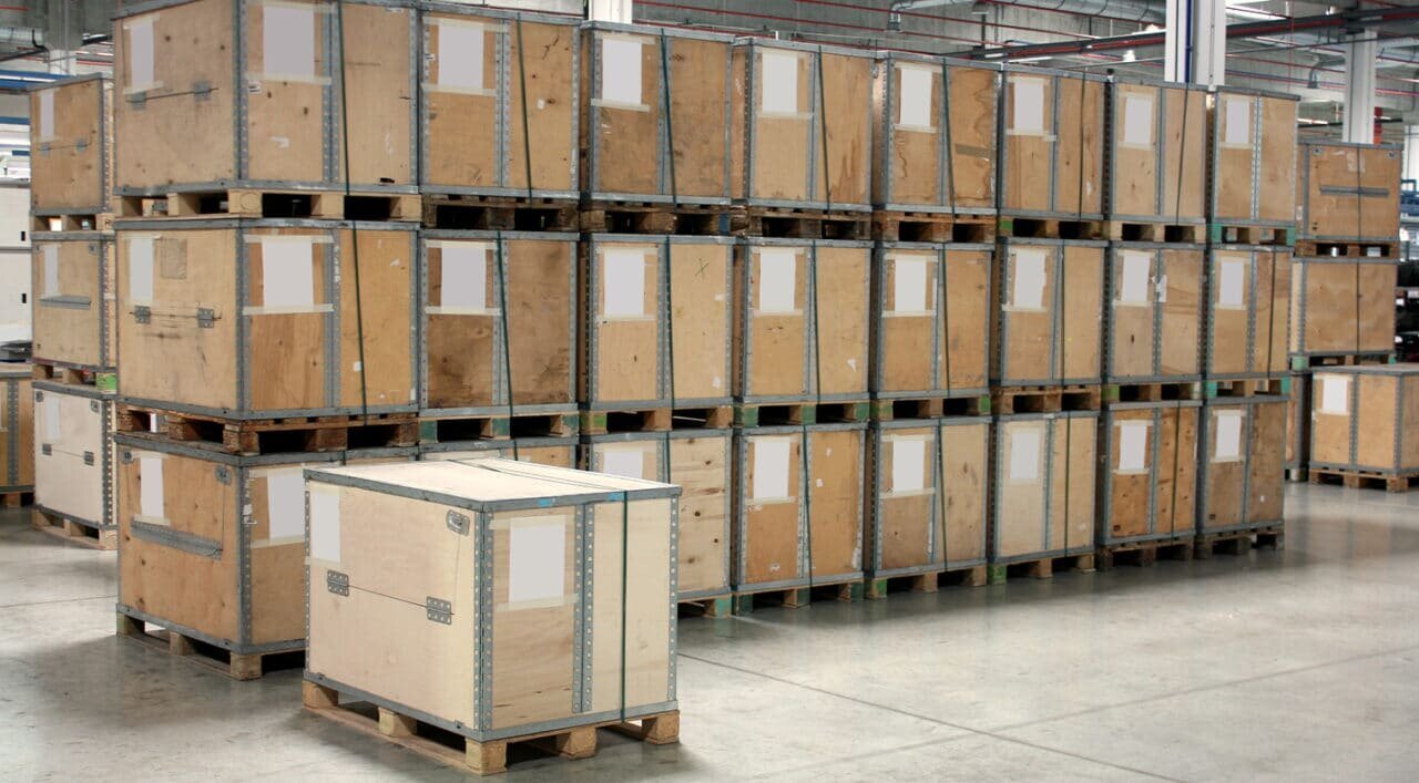 crates stacked in warehouse