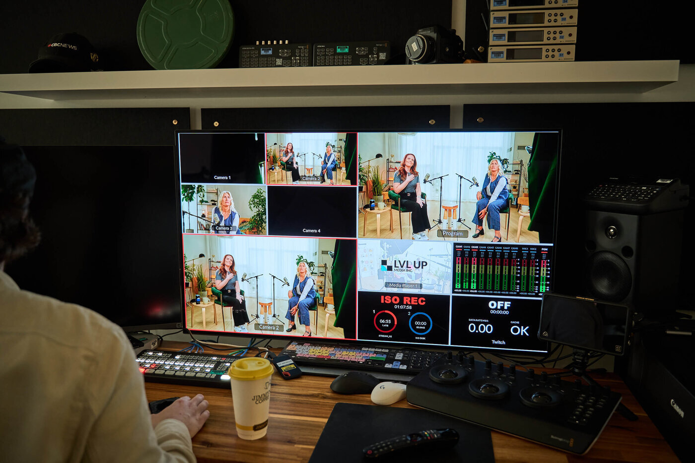 LVL Up Studio is a creative production space in Toronto designed for podcast recording, video production, photography, and digital content creation.