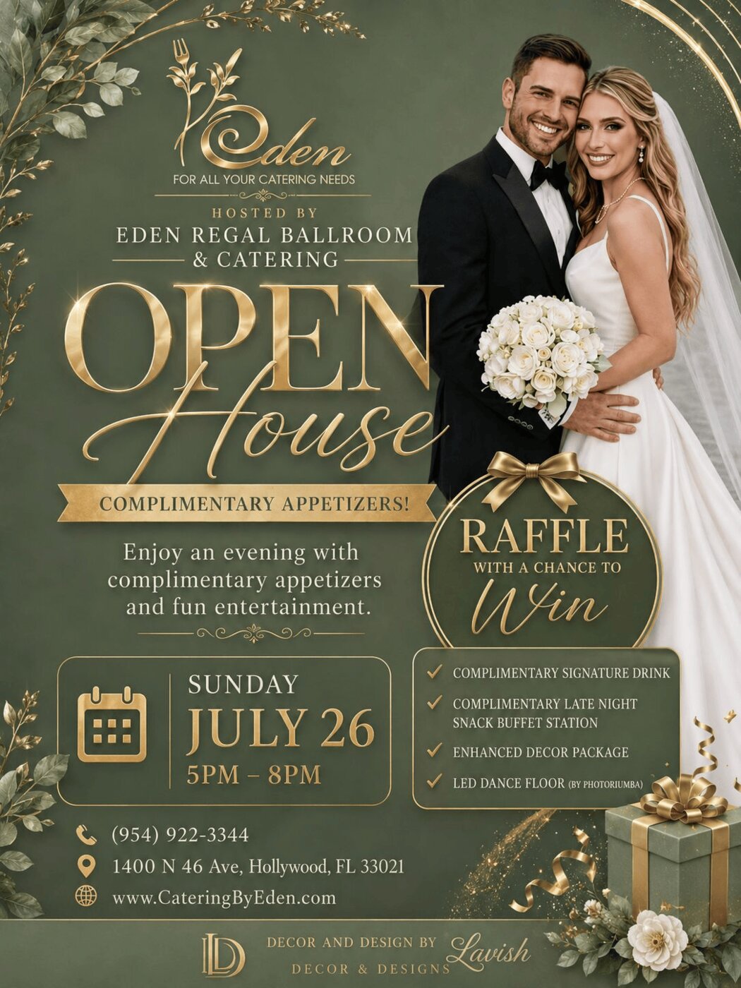 Eden Regal Ballroom & Catering is a family-owned event company based in Hollywood, Florida, serving clients throughout South Florida with venue, catering, and event coordination services.