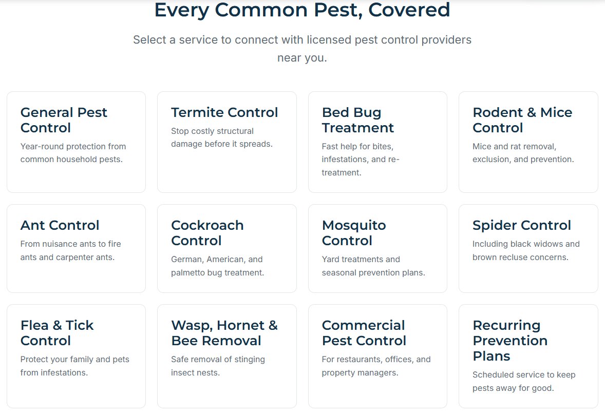 Pest Control Services operates a nationwide provider matching platform that connects property owners with vetted pest management professionals in their areas.