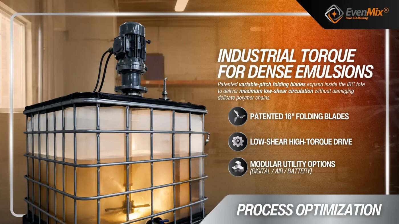 EvenMix manufactures IBC tote mixer systems designed for water treatment polymer and flocculant preparation across municipal and industrial wastewater treatment facilities.