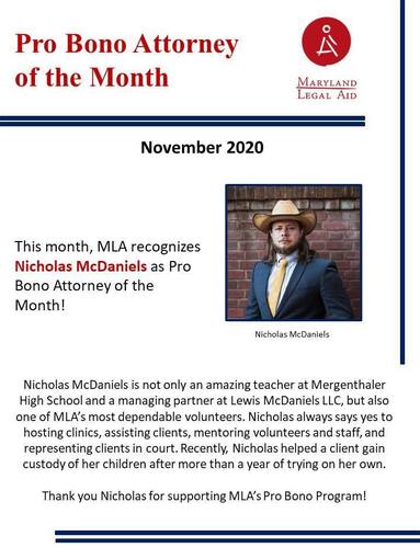 Lewis McDaniels, LLC Partner named Maryland Legal Aid's Pro Bono Attorney of the Month